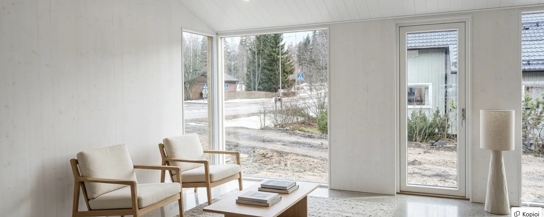 Vaaleassa huoneessa on kaksi tuolia, sohvapöytä ja suuret ikkunat, joista näkyy ulos.