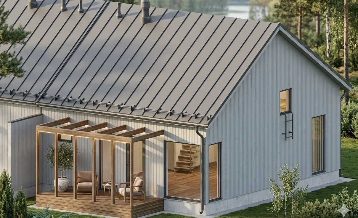 Moderni harmaa talo, jossa on metallikatto, puinen terassi ja suuret ikkunat, valaistus on pehmeää ja luonnollista.