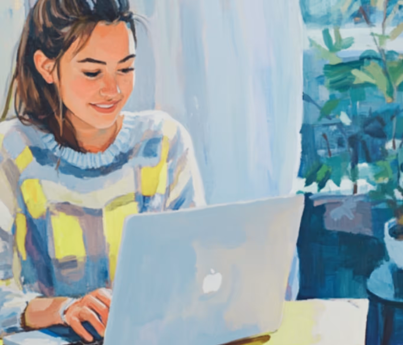 Gouache Bild: Frau guckt auf einen Laptop