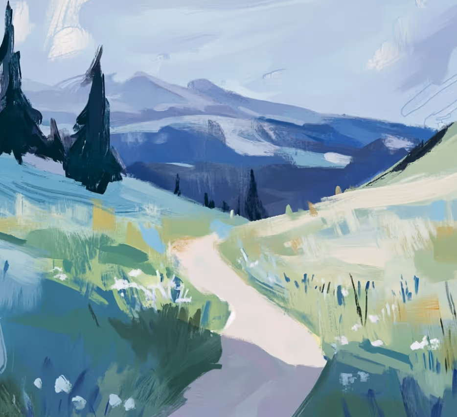 Gouache Bild: ein Bild eines weges in den bergen