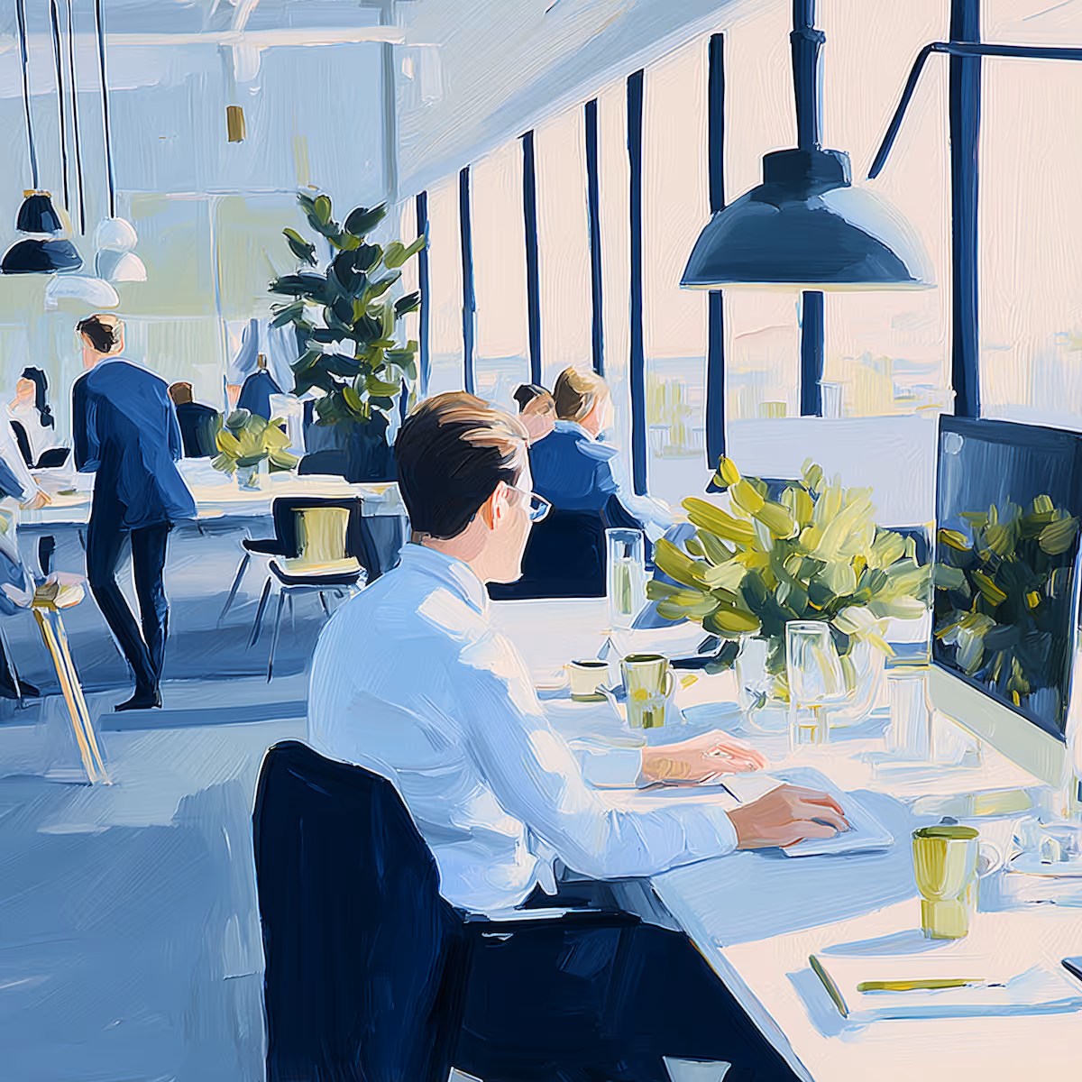 Gouache Bild: Man guckt auf einem Computer in einem Office