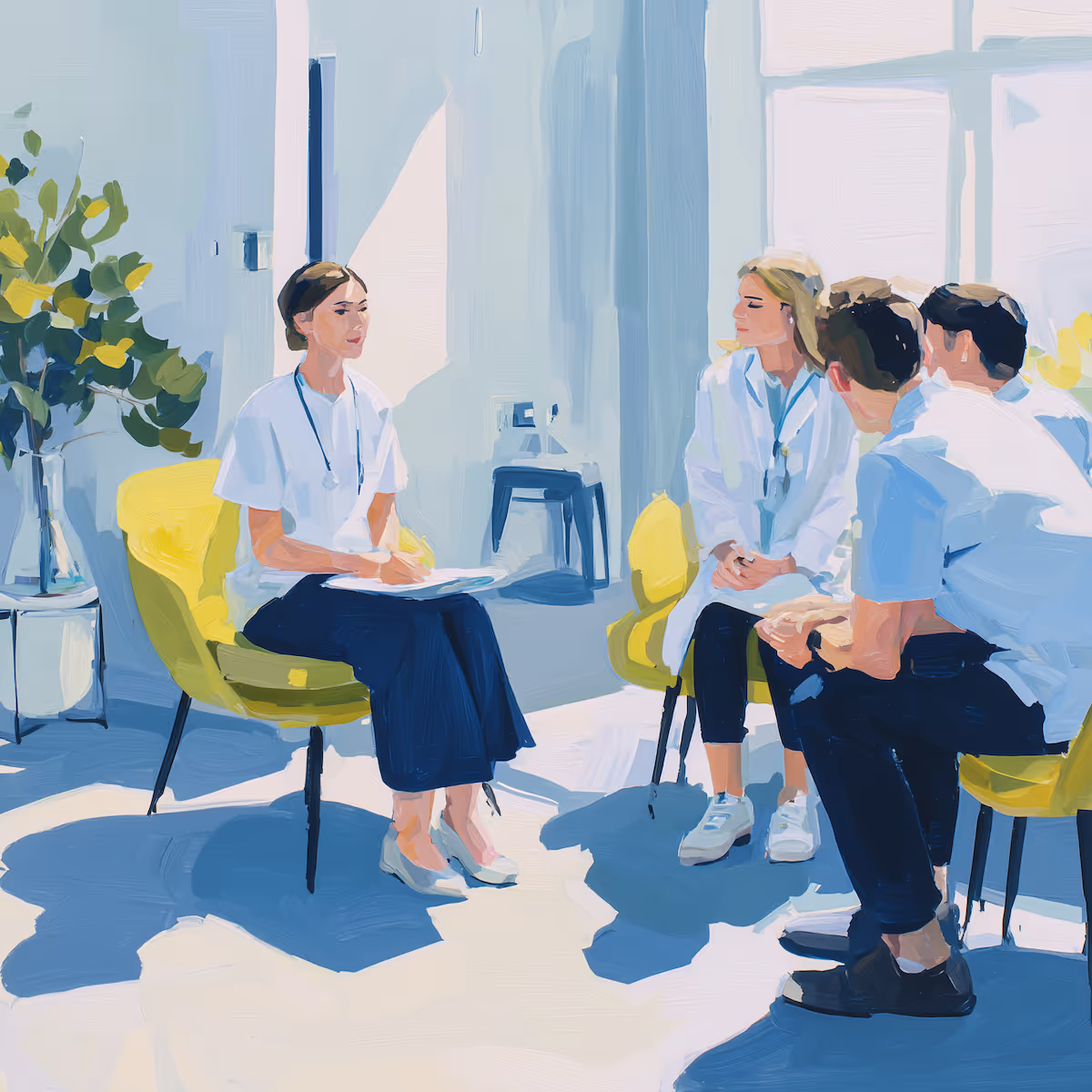 Gouache Bild: mehrere personen sitzen im kreis. eine ärztin und patienten