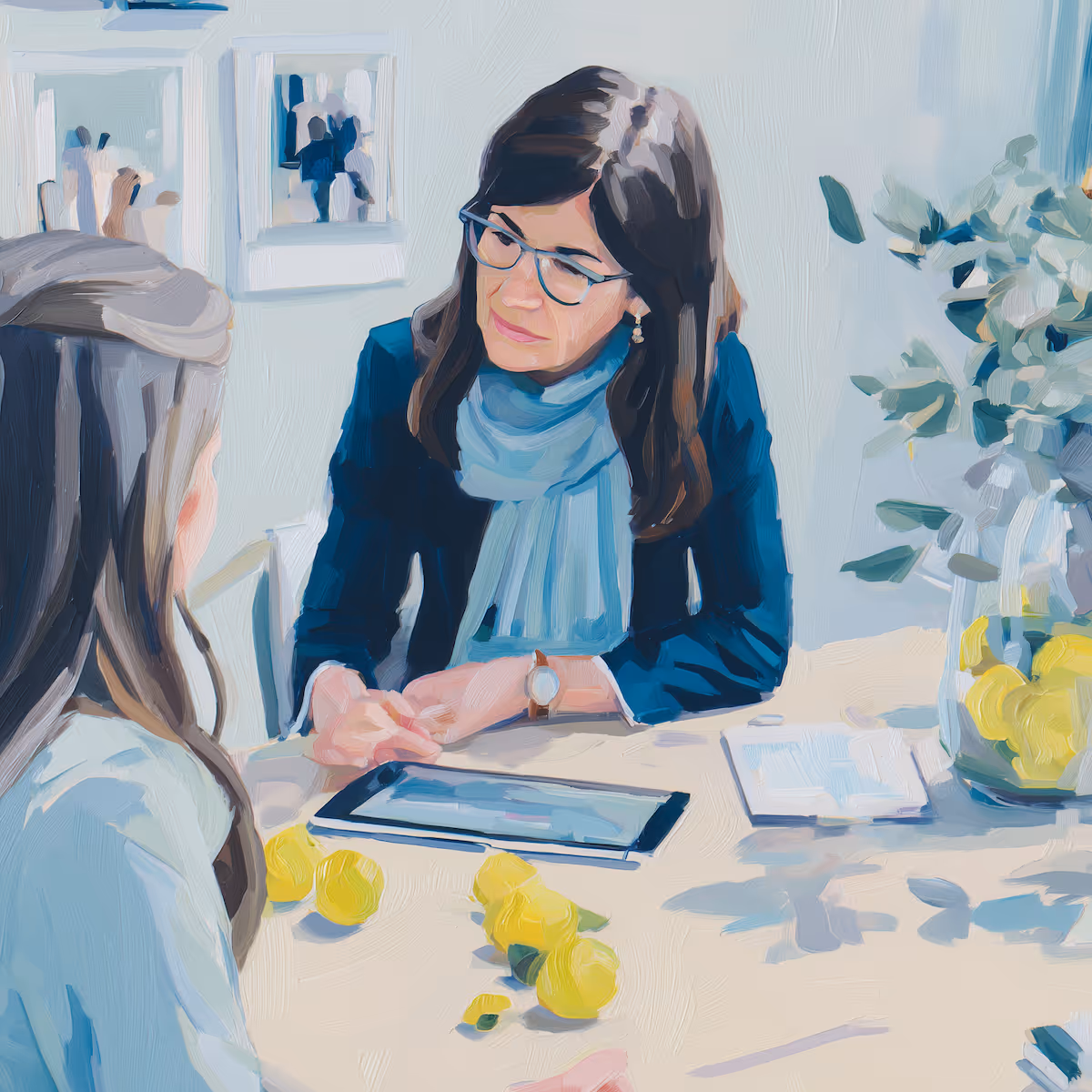 Gouache Bild: zwei frauen auf dem bild, eine patientin und eine ärztin