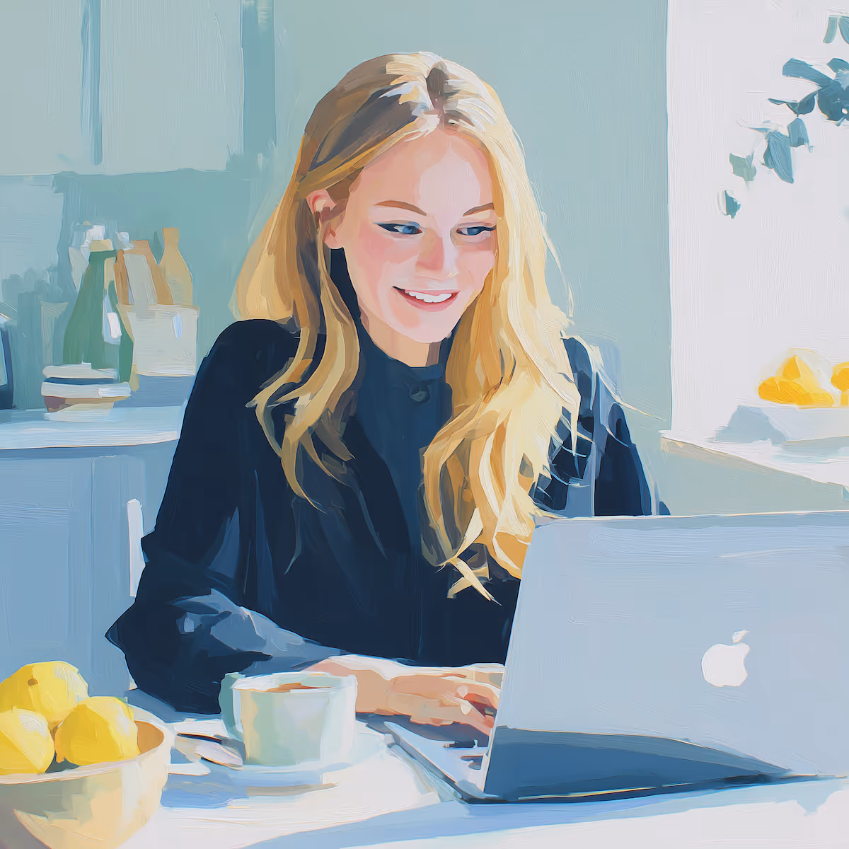 Gouache Bild: Frau sitzt zuhause an einem tisch und guckt auf einen laptop