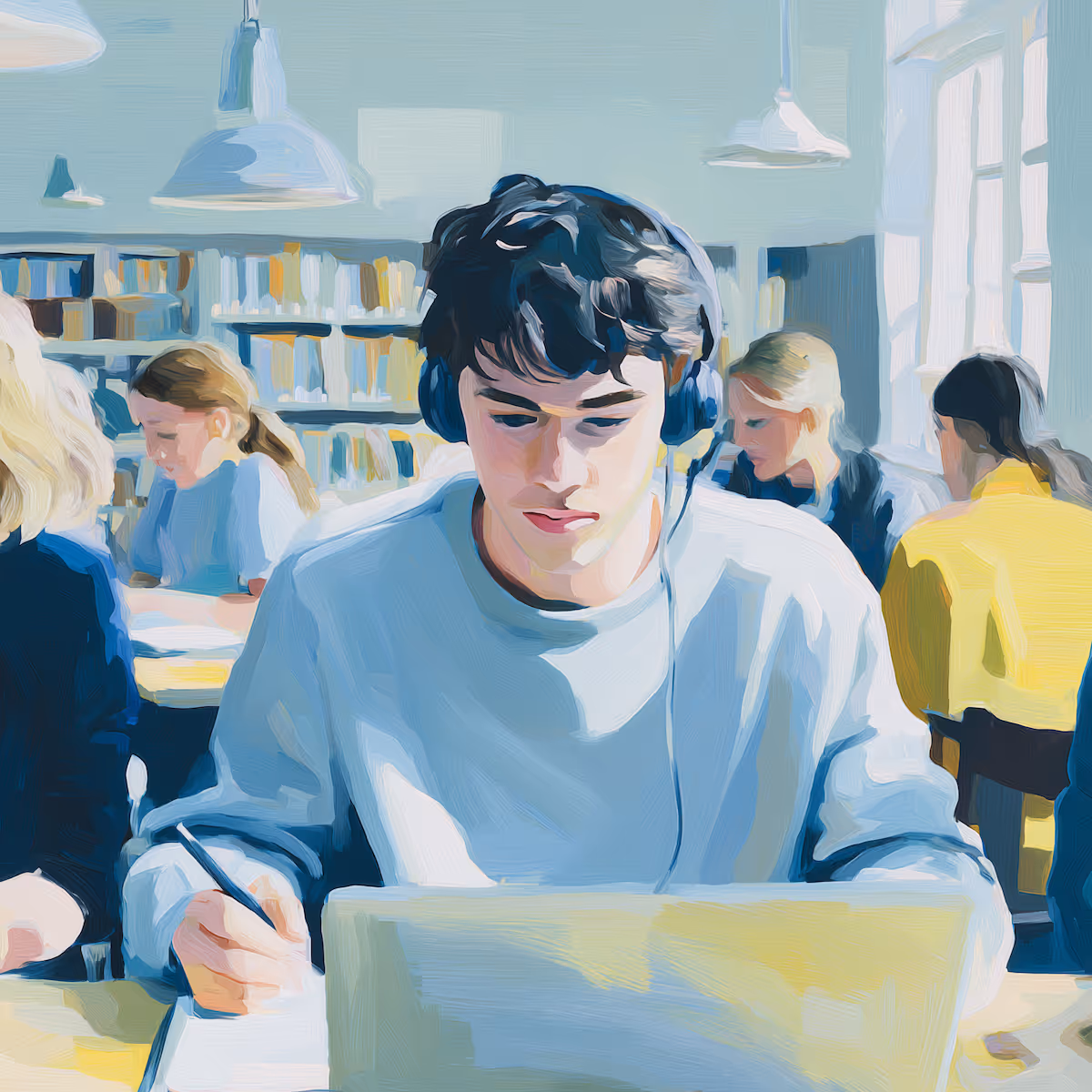 Gouache Bild: Junge sitzt in einer bibliotheke und guckt auf einen laptop
