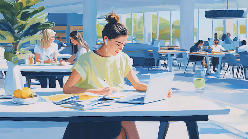 gouache bild: frau in einer bibliothek