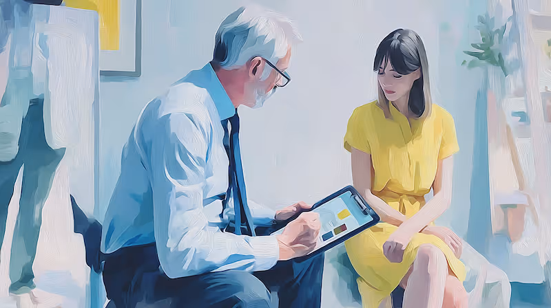 gouache bild: artz mit patientin