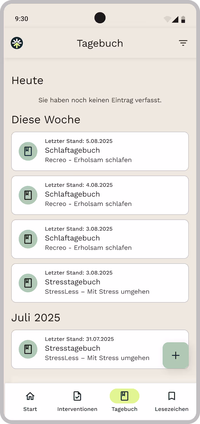 startseite tagebuch screen