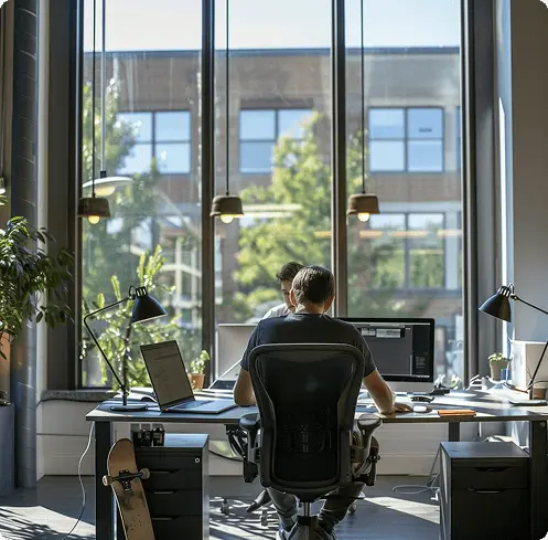 Modernes Büro mit großen bodentiefen Fenstern, zwei Personen arbeiten an Schreibtischen mit Computern, durchflutet von natürlichem Licht.
