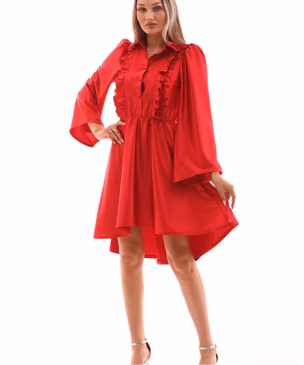 Model wearing Arlena red satin mini dress with ruffle details, posing front-facing – Farika collection