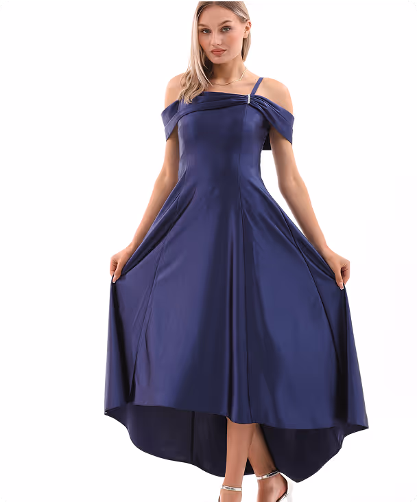 Model in Valeria navy blue off-shoulder gown with high-low hem and pleated bodice – Farika collection