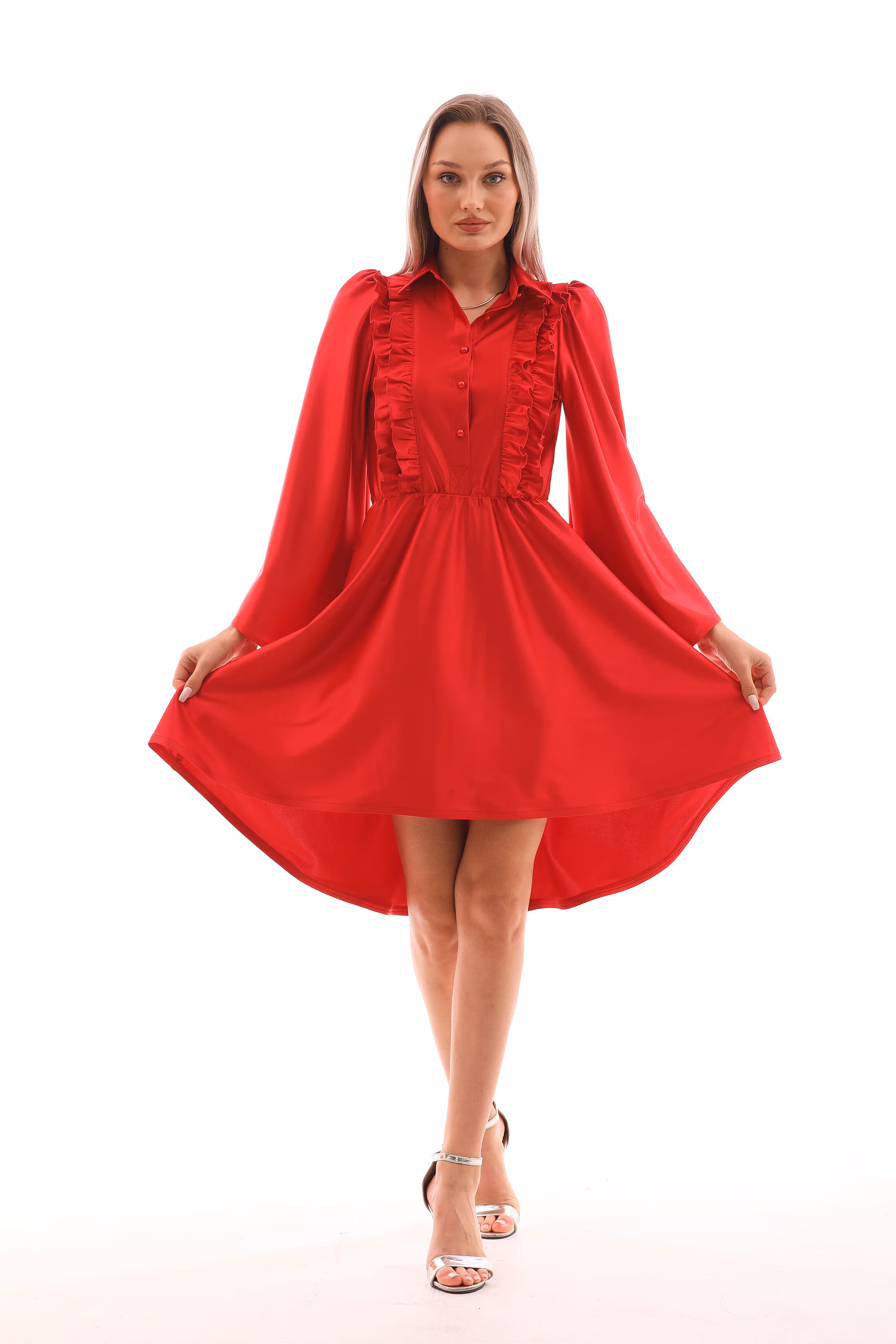 Model wearing Arlena red satin mini dress with ruffle details, posing front-facing – Farika collection