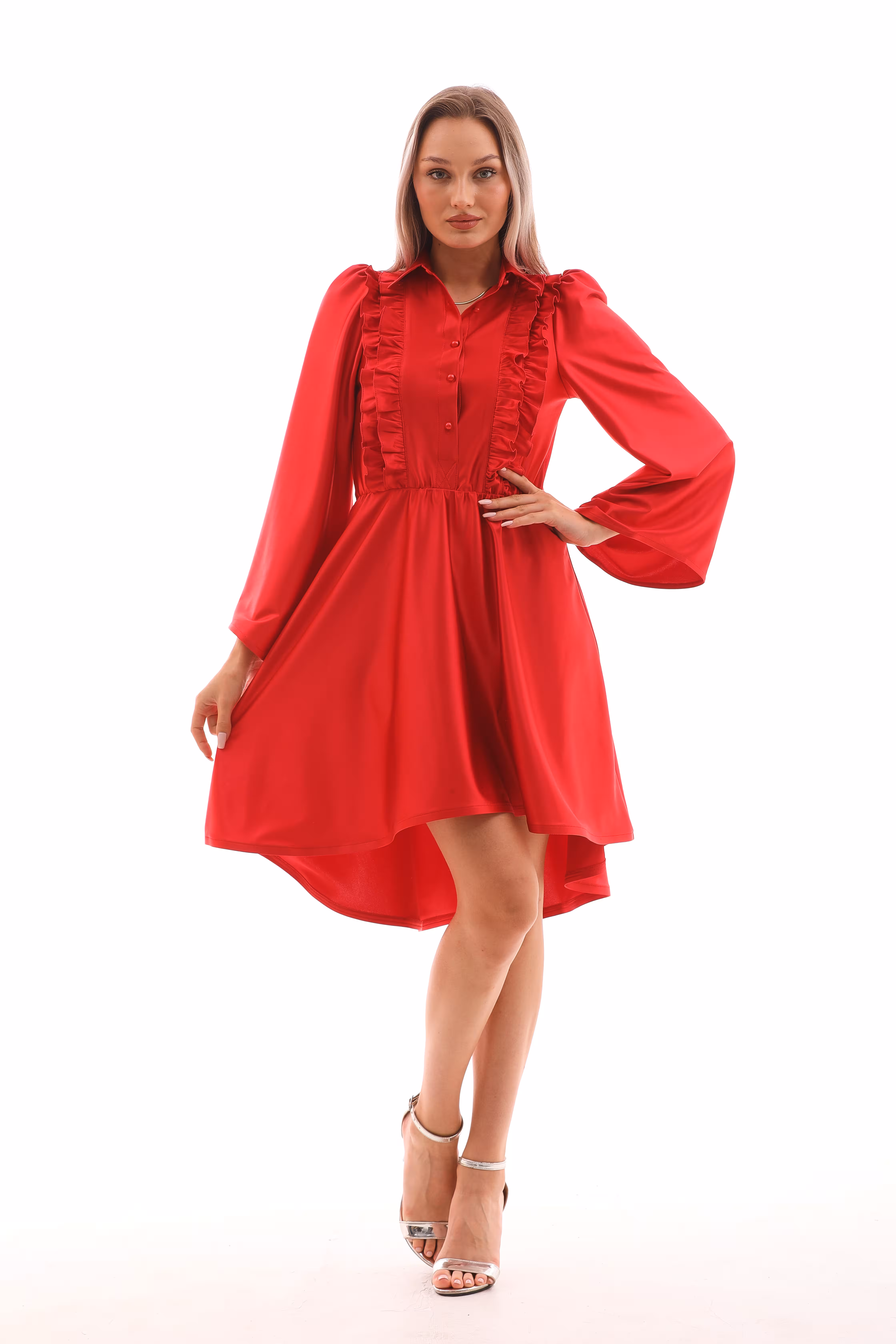 Model wearing Arlena red satin mini dress, posing front-facing with hand on waist.