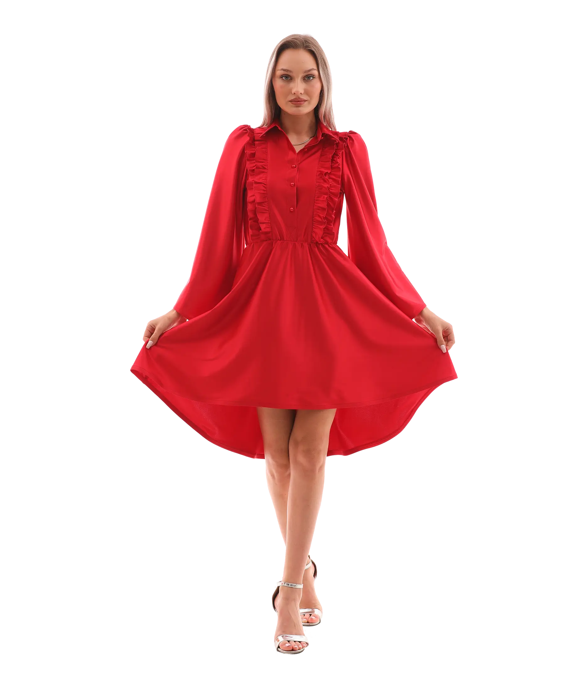 Model wearing Arlena red satin mini dress with ruffle details, posing front-facing – Farika collection
