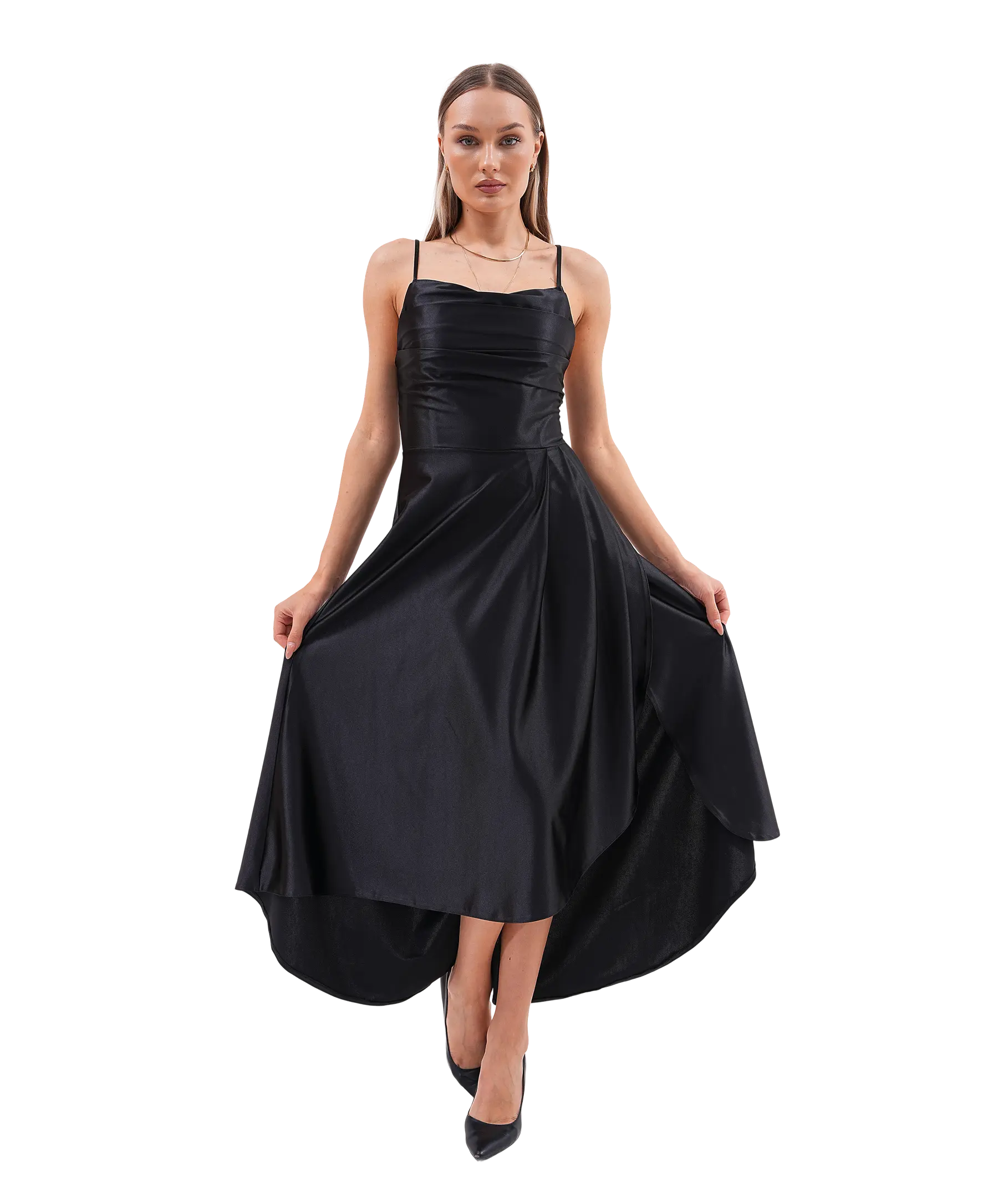 Model in black satin Celestera gown with spaghetti straps and asymmetric high-low hemline – Farika eveningwear