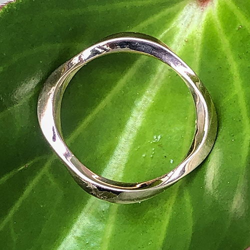 Organic-shaped gold ring with gentle curves, displayed on a green leaf background