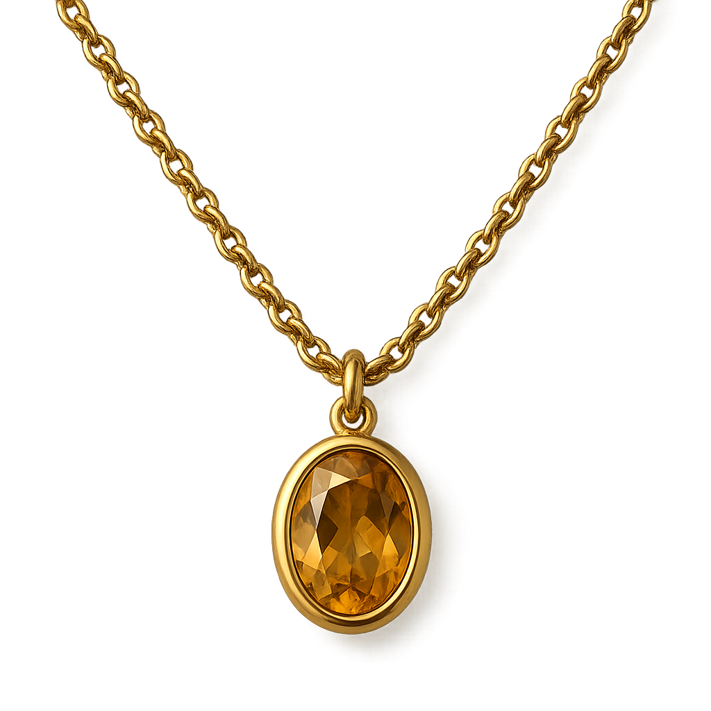 Gold rope chain necklace with an oval citrine gemstone pendant in a bezel setting
