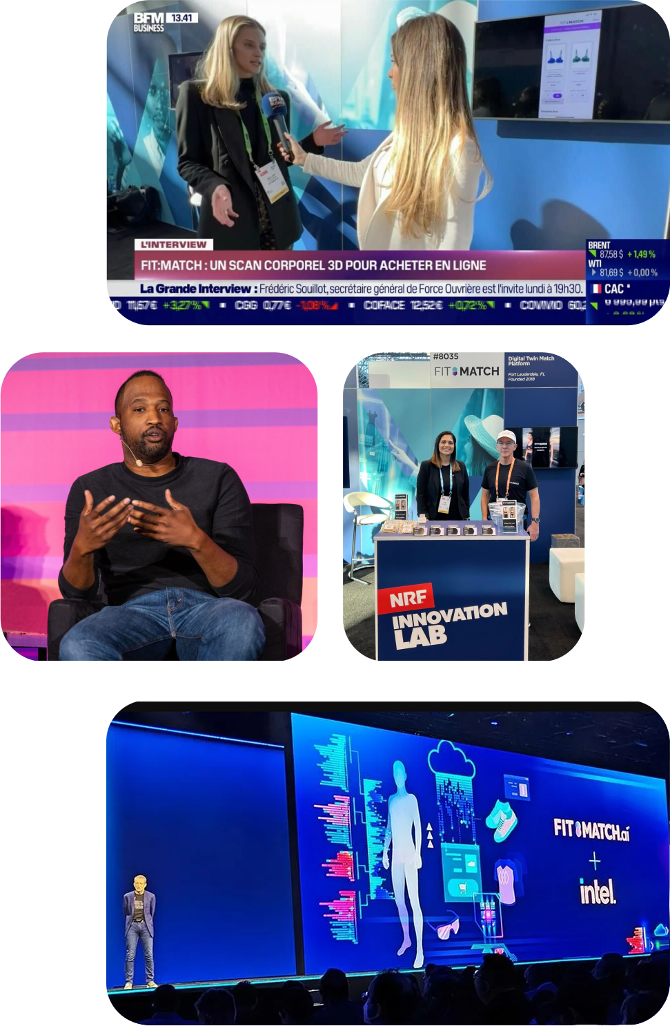Grid of 4 images showing Fit:match on the news, Haniff Brown the CEO of Fit:match appearing on stage at a confernce, and Fit:match on stage with Intel.