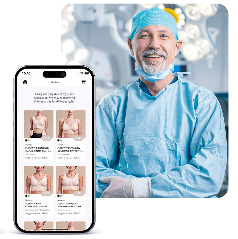 A surgeon and a phone showing compression garment matches