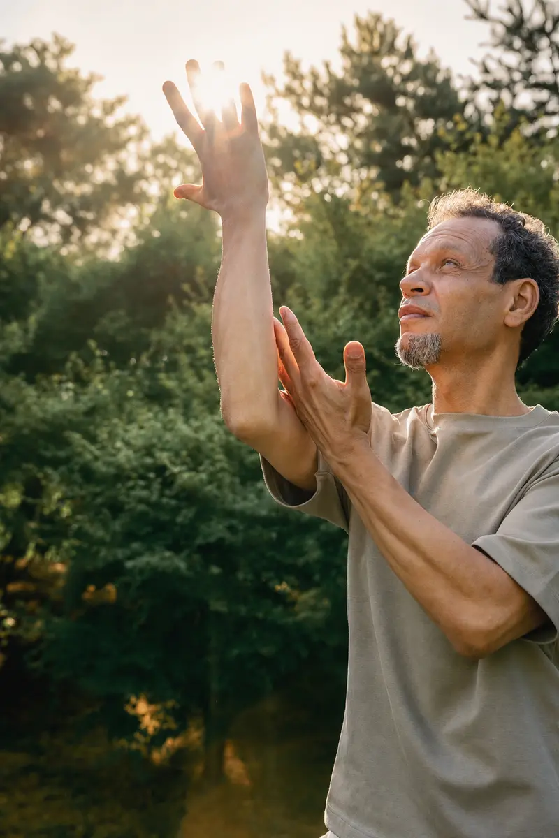 Mohammed Saïah pratiquant le qi gong dans la nature