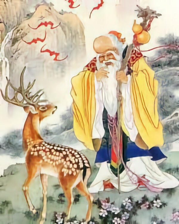 Vieux sage qui marche avec un cerf à ses côtés