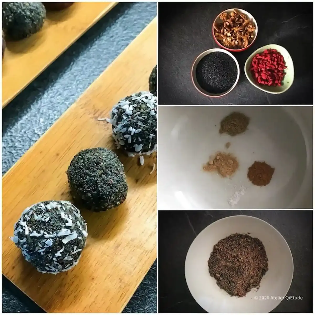 sésame noir, noix, baies de Goji et épices