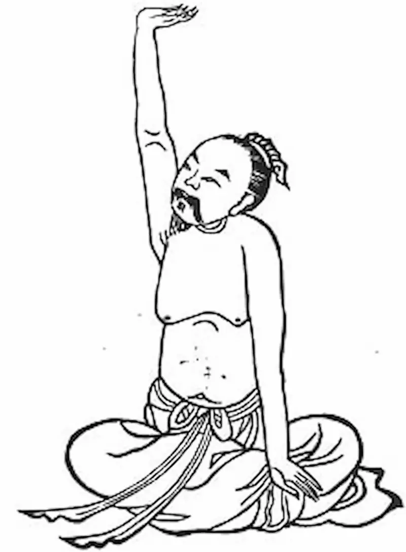 Personnage assis, bras droit au-dessus de la tête.