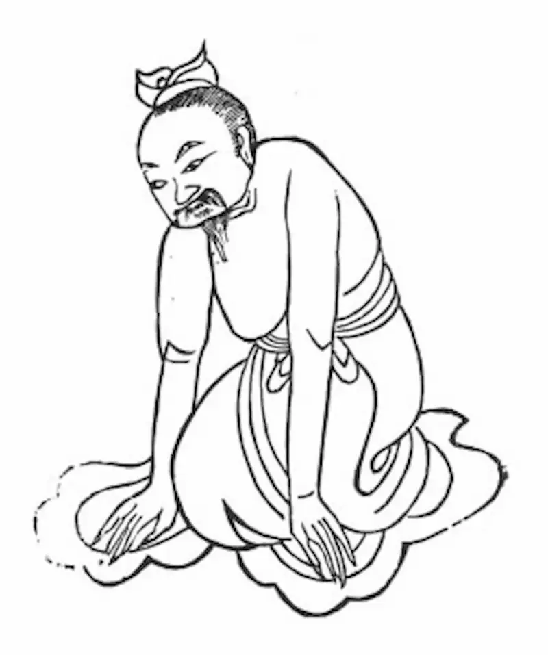Personnage à genoux, mains sur le sol.