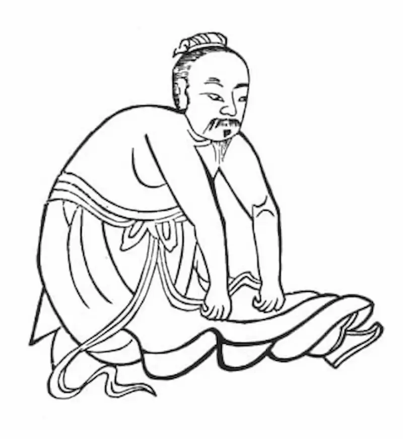 Personnage assis, poings sur les cuisses
