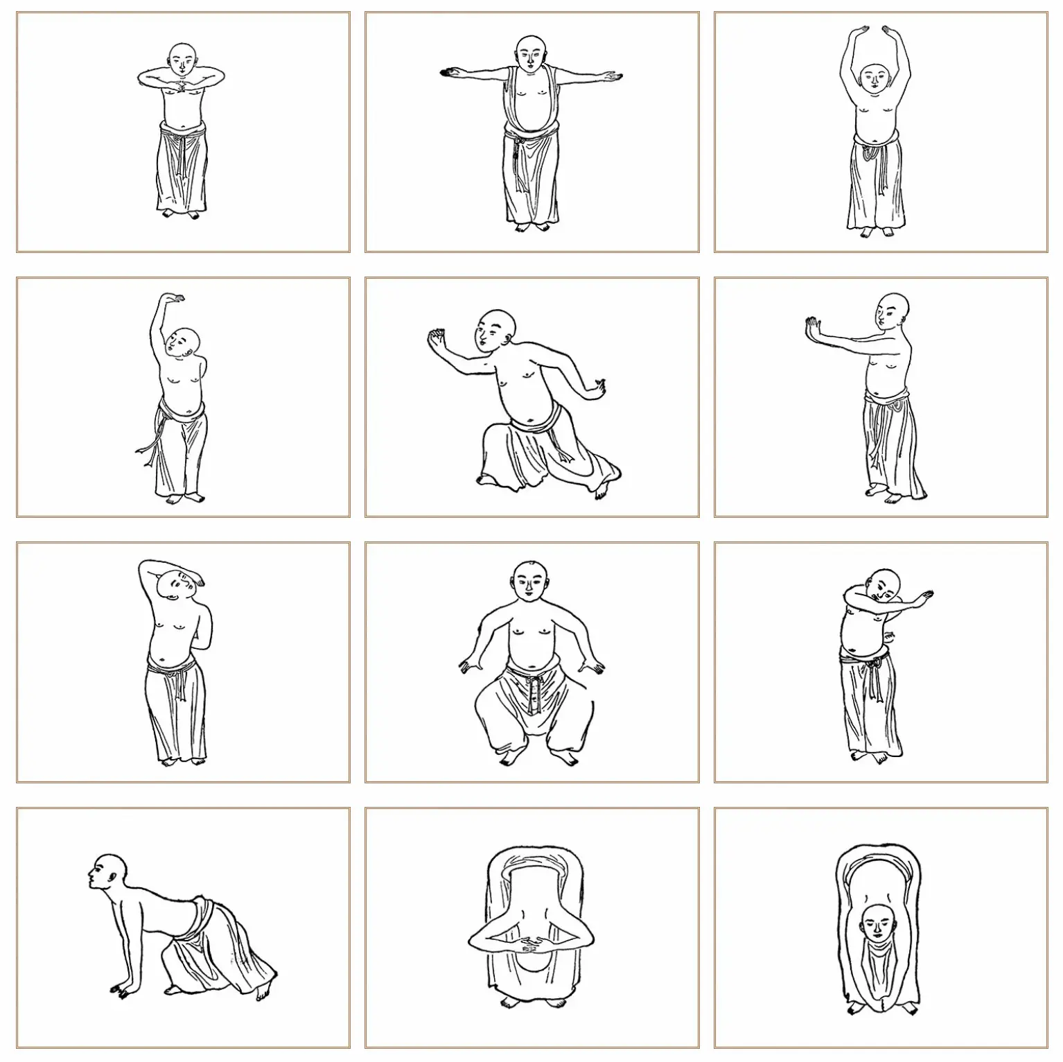 Schéma des 12 postures traditionnelles des Yi Jin Jing