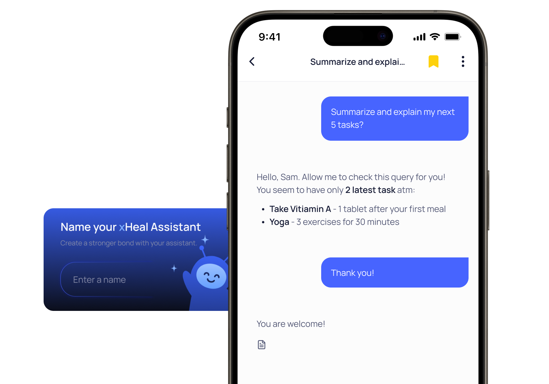 Smartphone screen displaying a chat conversation where the user asks to summarize and explain the next 5 tasks, and the assistant replies listing 2 tasks: taking Vitamin A and doing yoga exercises.