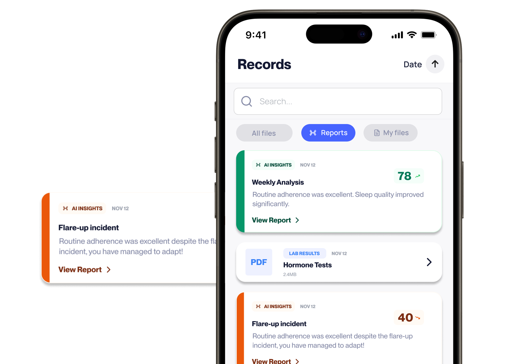 Mobile app screen showing a Records page with tabs for All files, Reports, and My files, and reports including Weekly Analysis with a score of 78, Hormone Tests PDF, and Flare-up incident with a score of 40.
