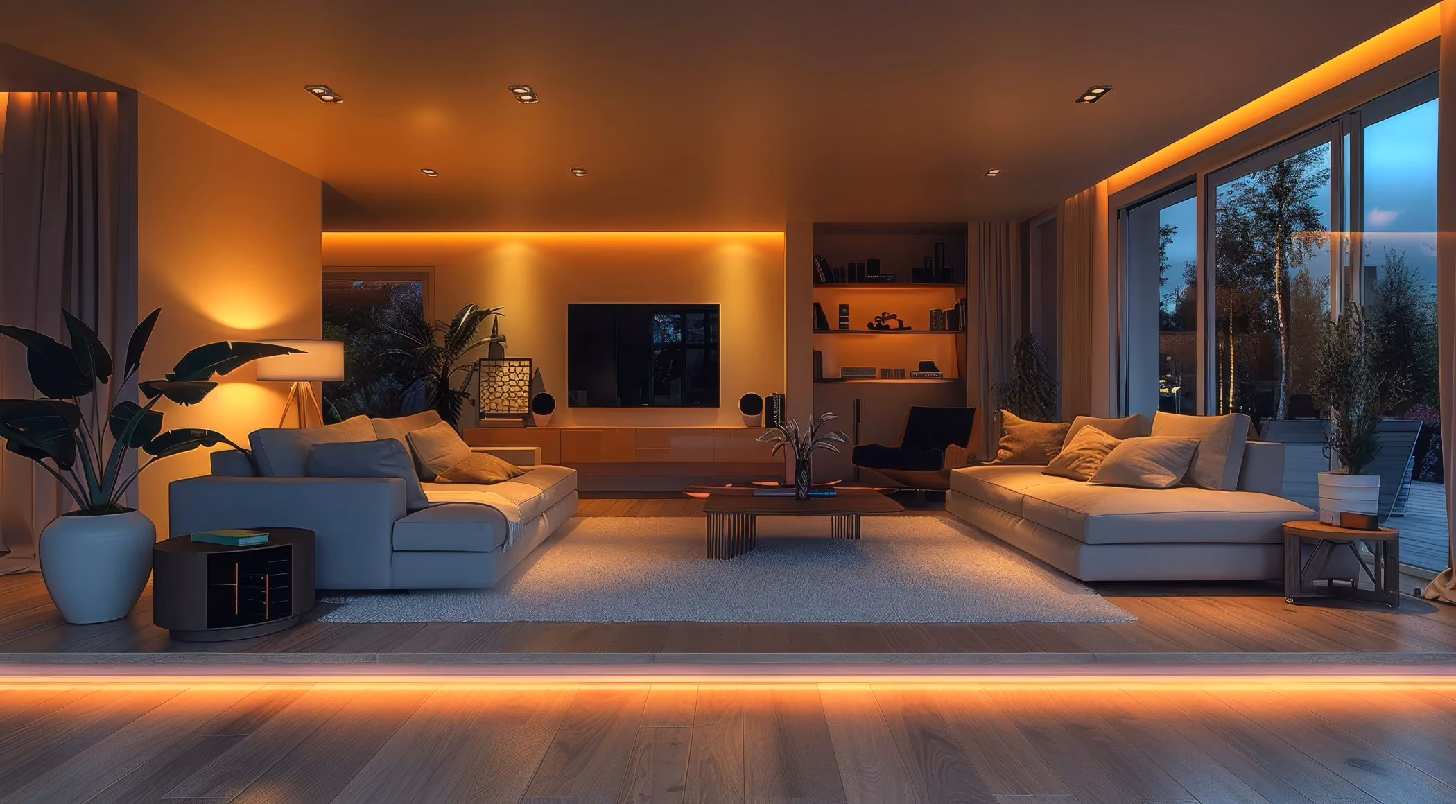 Modern living room with two beige sofas, a wooden coffee table, floor lamps, and warm ambient lighting at dusk.
