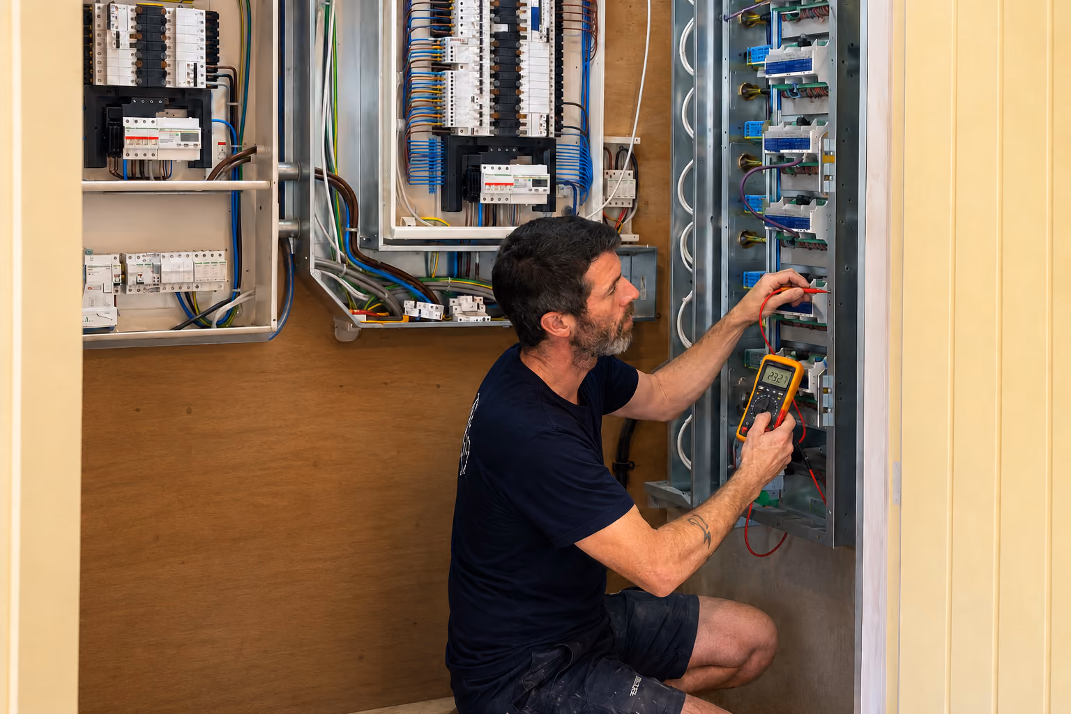 Electrician using a digital multimeter to test output in an electrical panel mounted on a wall, with wiring and circuit breakers visible.