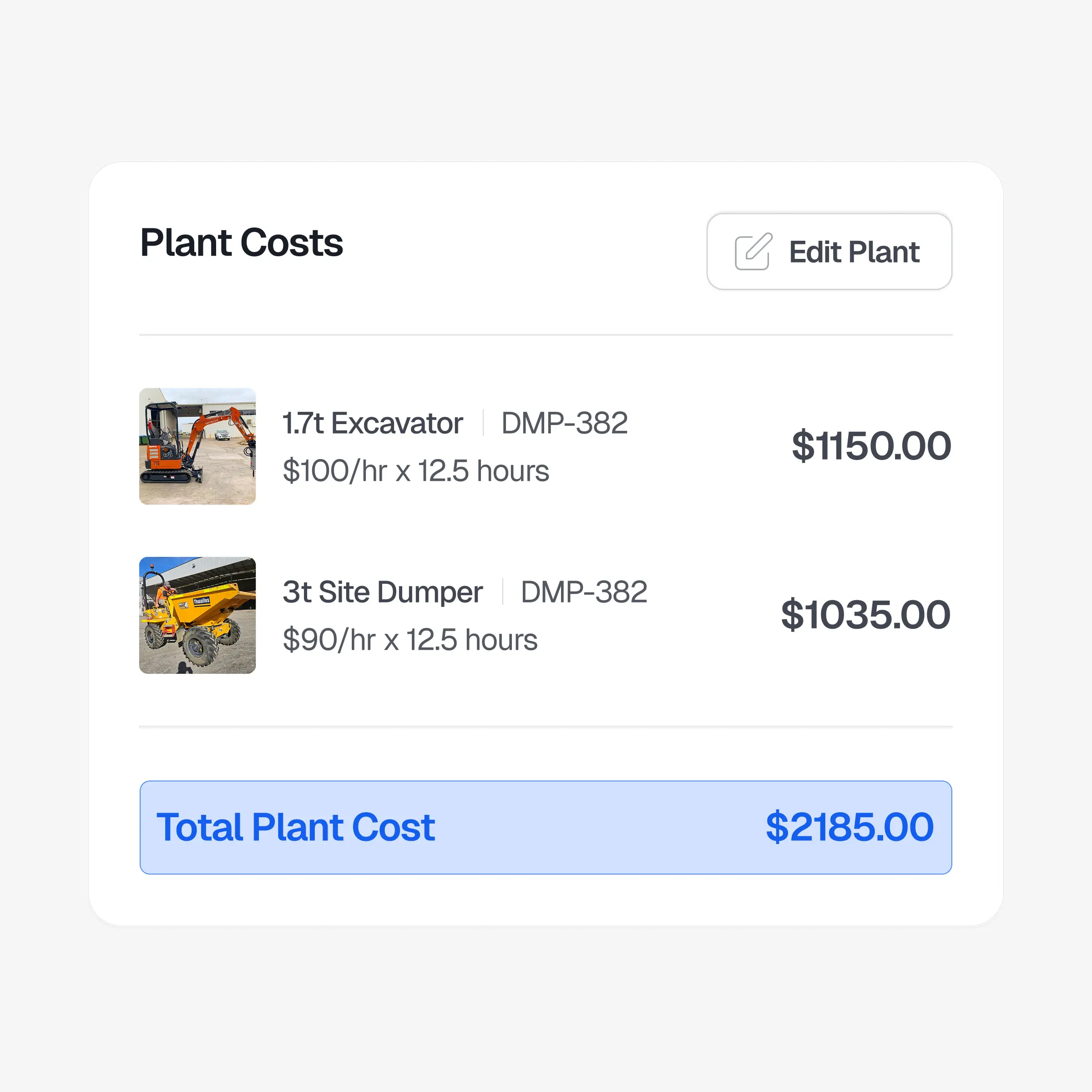 UI screenshot from delaysolve app showing plant costs on a delay report