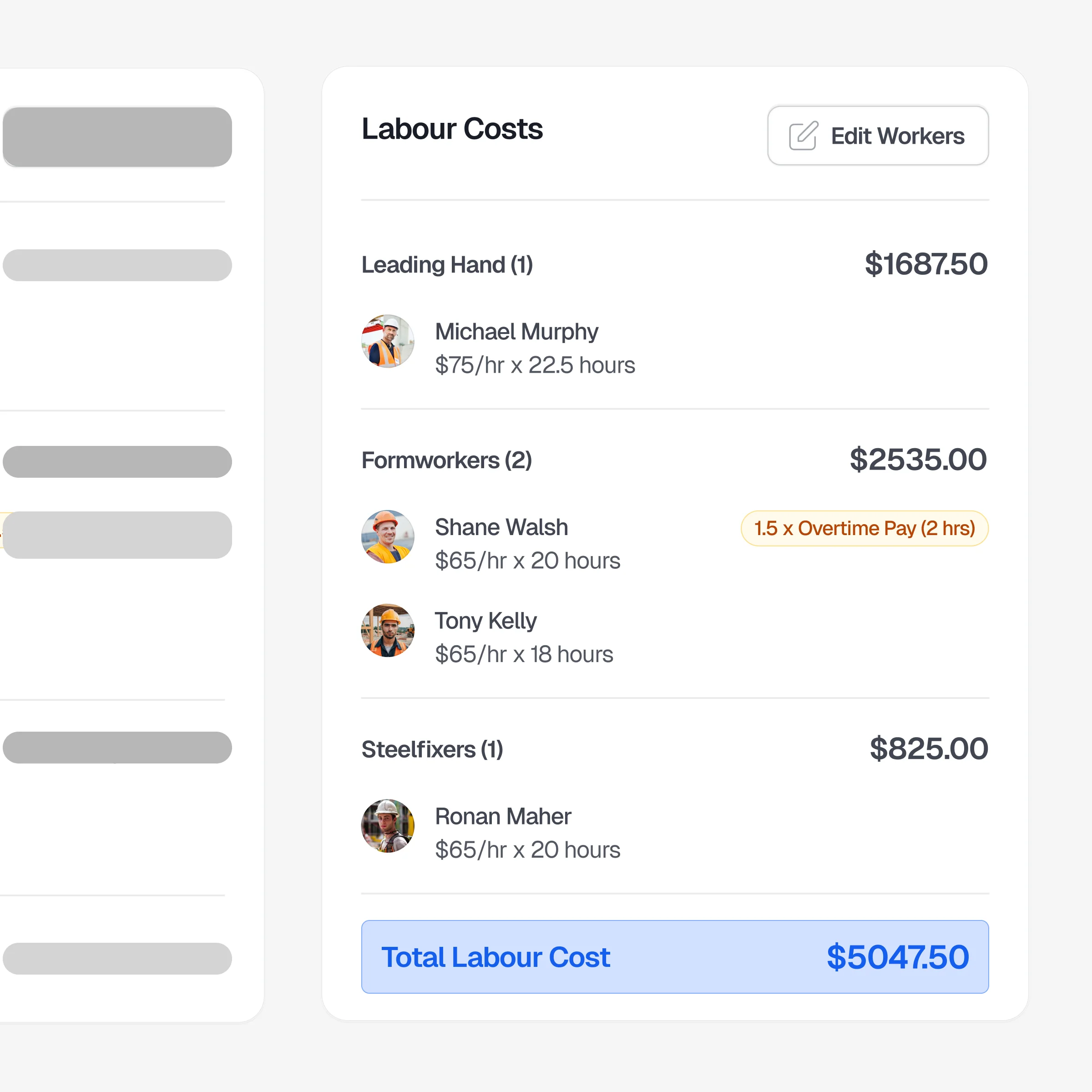 UI screenshot from delaysolve app showing labour costs on a delay report