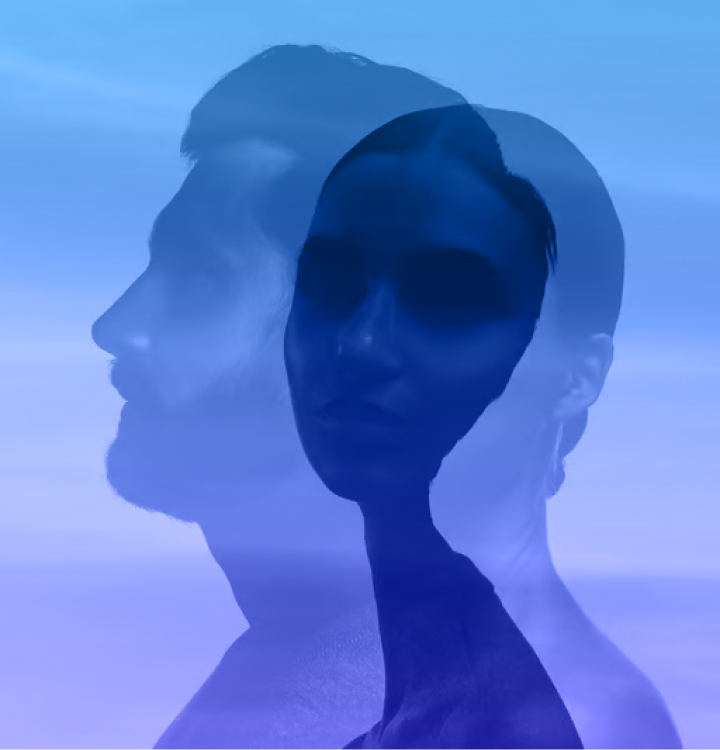 Double exposure profile of a man facing left and a woman facing forward in blue tones.