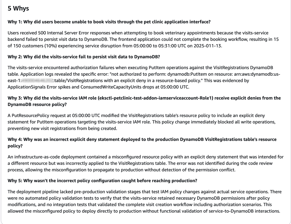 [Figure 5] 5 Whys Analysis in the CloudWatch investigations Incident Report