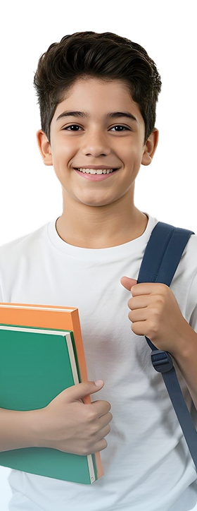 Imagem de um estudante sorridente, segurando livros e com uma mochila nas costas