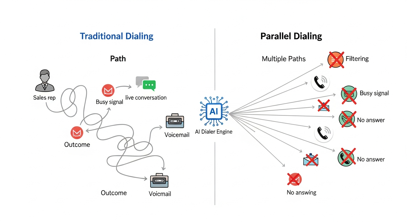 Parallel dialers filter out unproductive calls, connecting reps exclusively to live prospects to maximize productive conversation time.