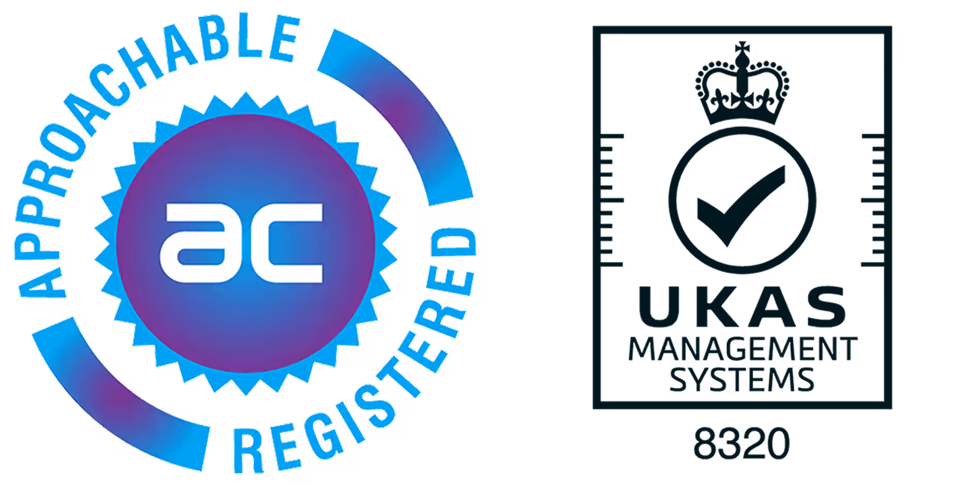 A blue and white logo with the words, approachable registered and the ukas management systems logo.