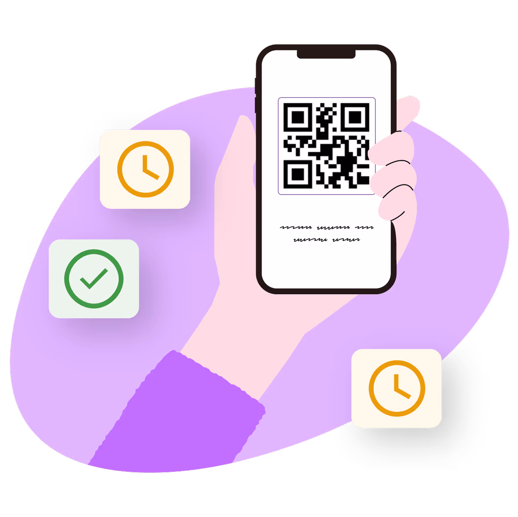 A phone with a QR code and three floating clock and tick icons