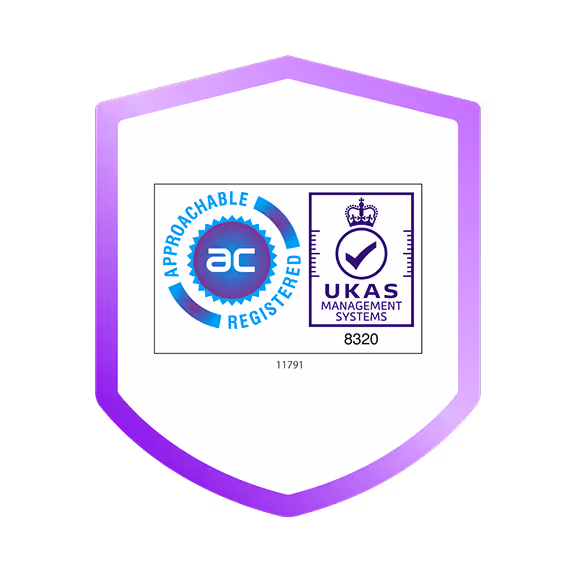 A blue and white logo with the words, approachable registered and the ukas management systems logo inside a shield icon
