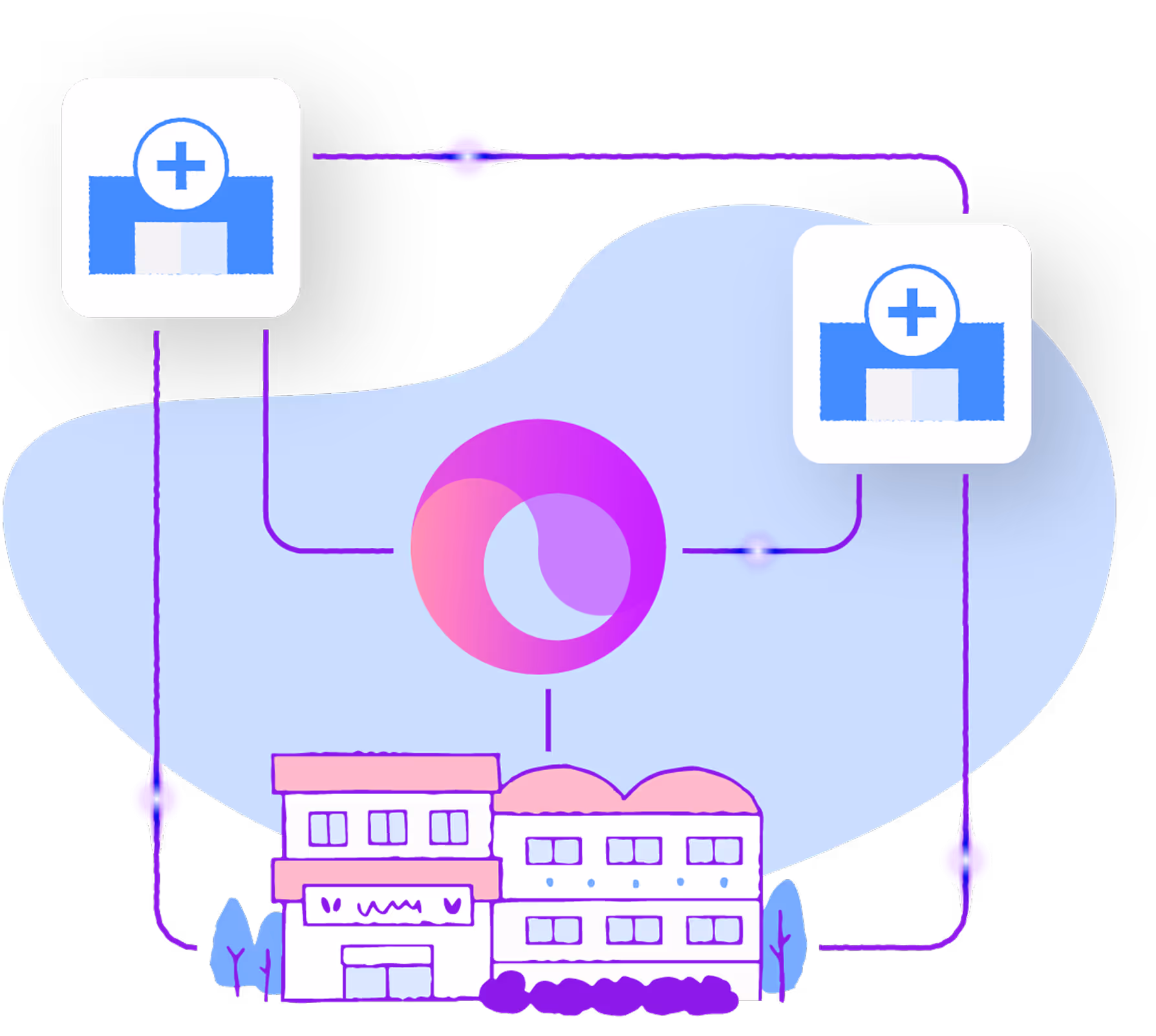 A graphic of a building with a large pink circle.