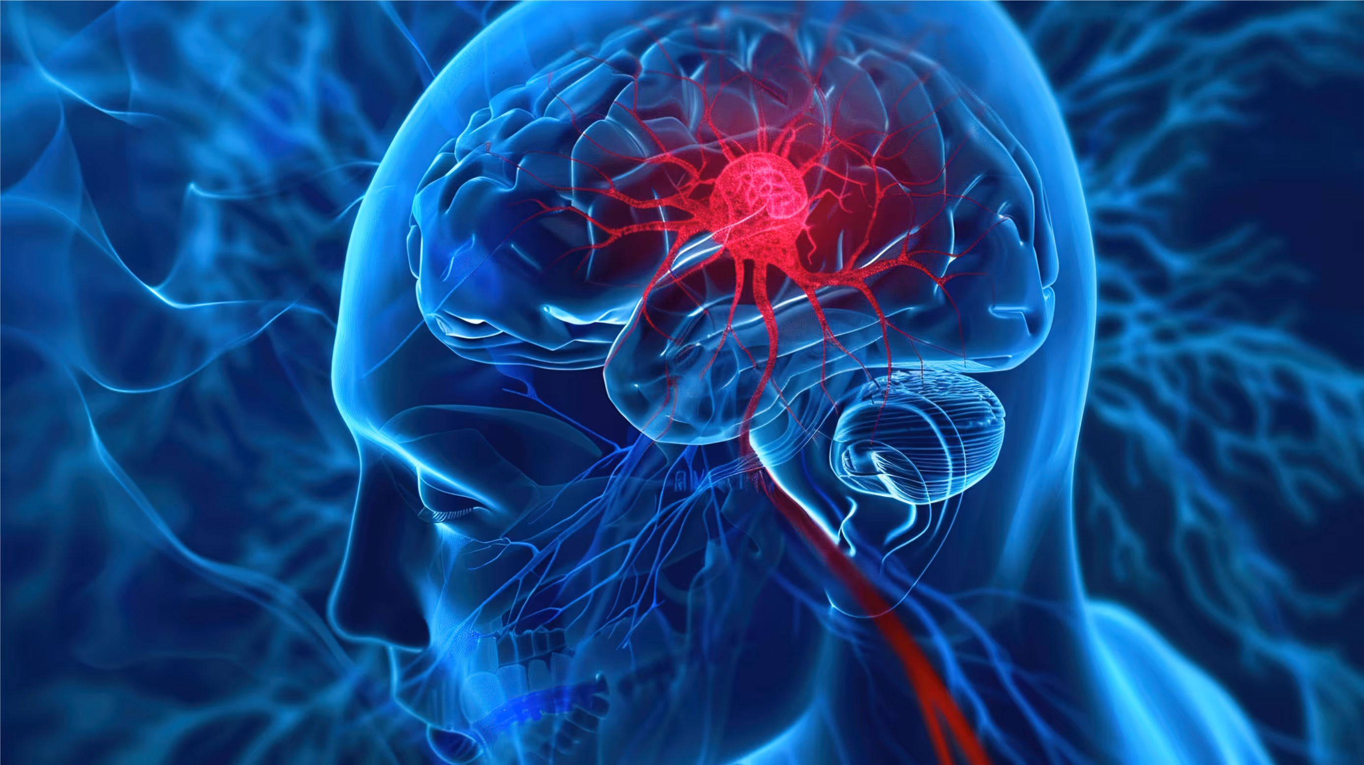 A picture of a human head with a red substance coming out of it.