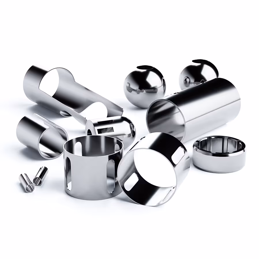 A group of stainless steel objects on a white background.