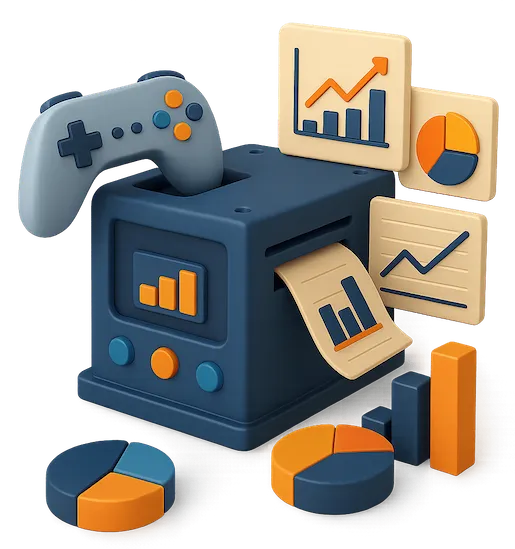 Game data being input into a machine that is spitting out charts and graphs.
