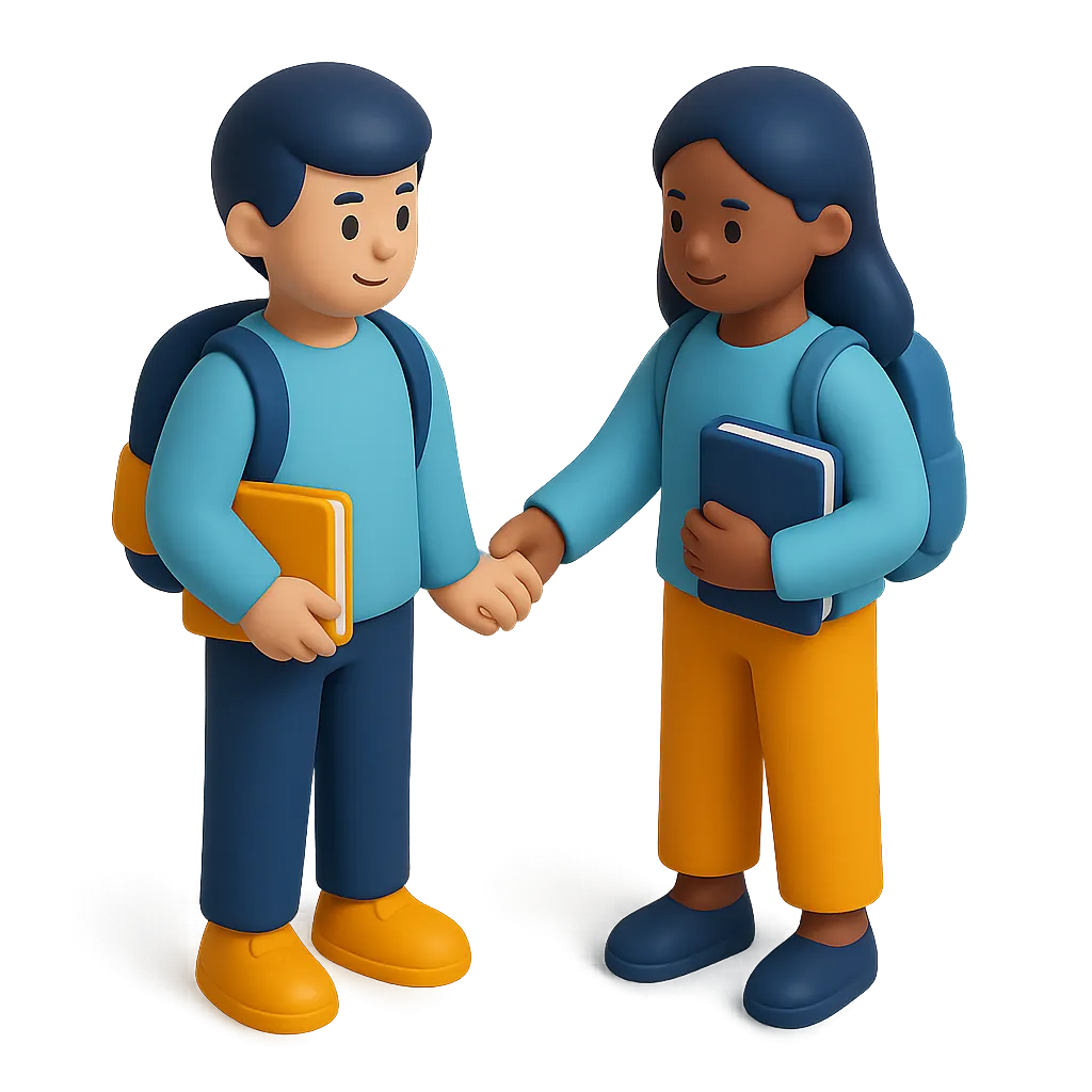 3D illustration of two students holding hands.