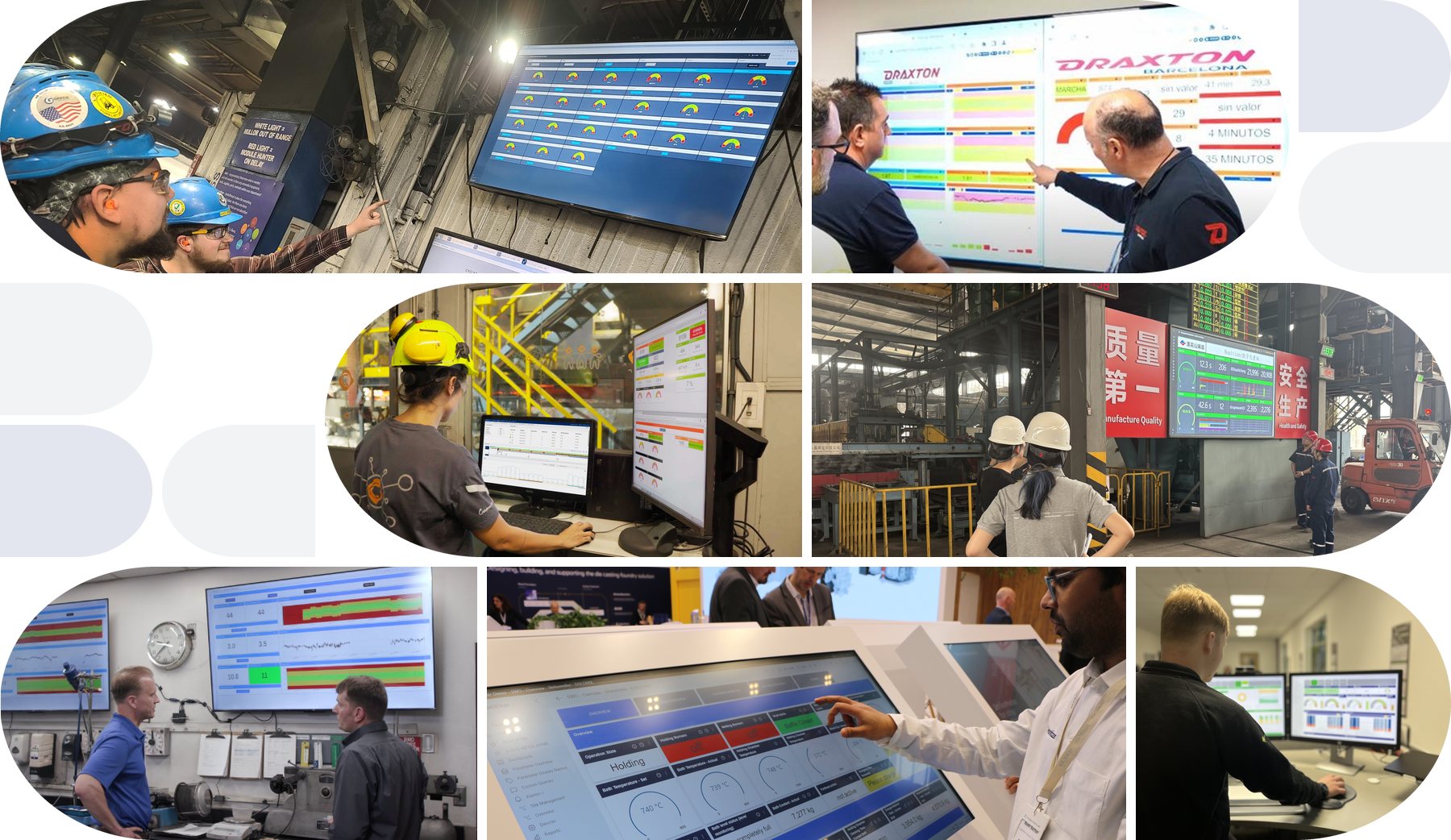 DataProphet Connect dashboards in use at foundries and plants, and on a touchscreen at a trade show