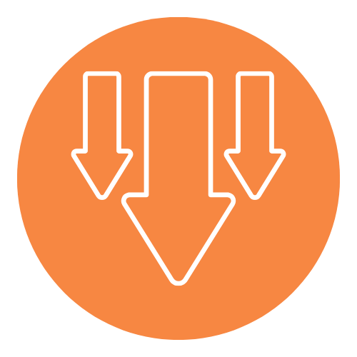 Icon with three white downward arrows inside an orange circle, symbolizing risk reduction.
